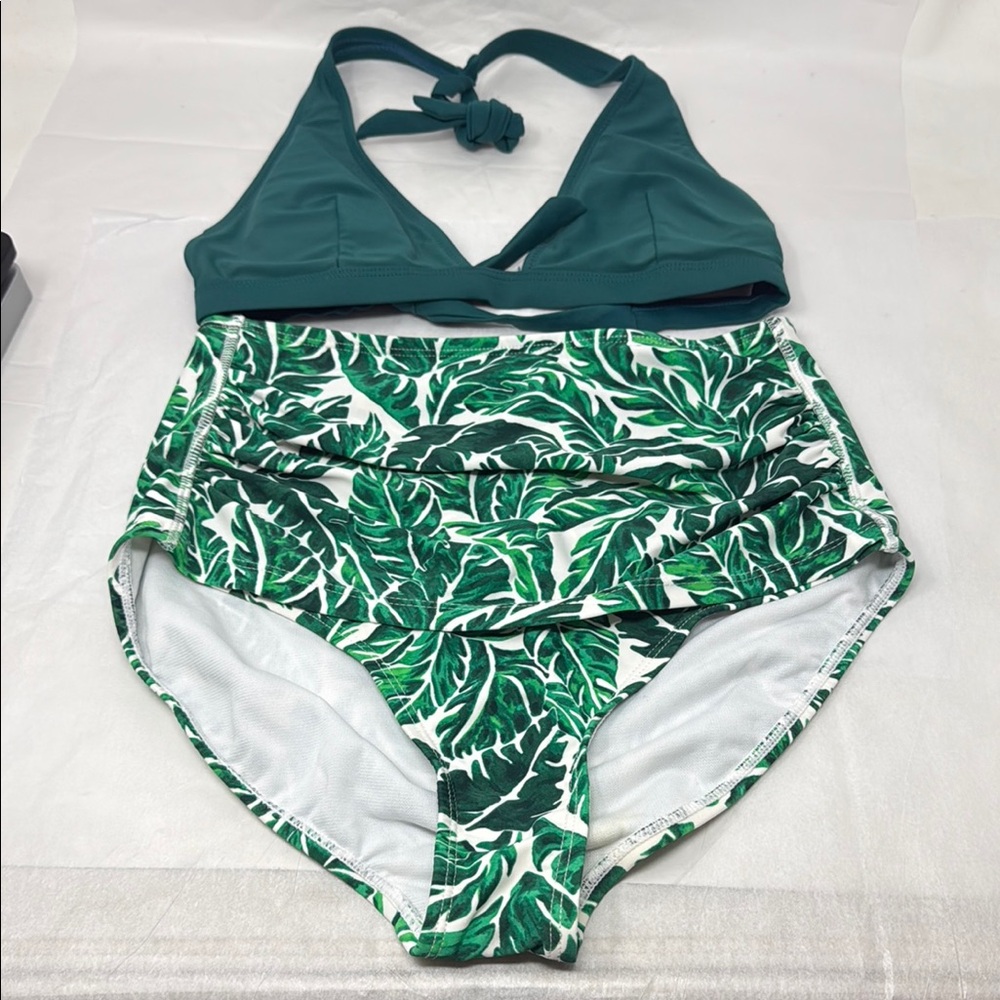 SwimZip High Waisted Bikini Set Green Tropical Leaf Print Halter Swimsuit Beach